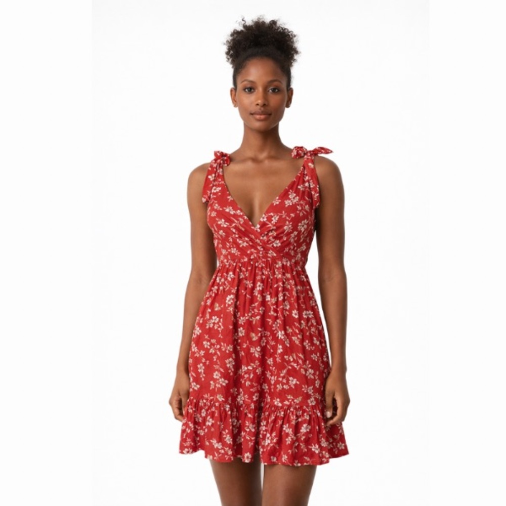 Red Floral Tie Strap Mini Dress